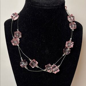 Contemporary Silver Tone Wire and Pink Square Glass Beaded Necklace 16” with ext
